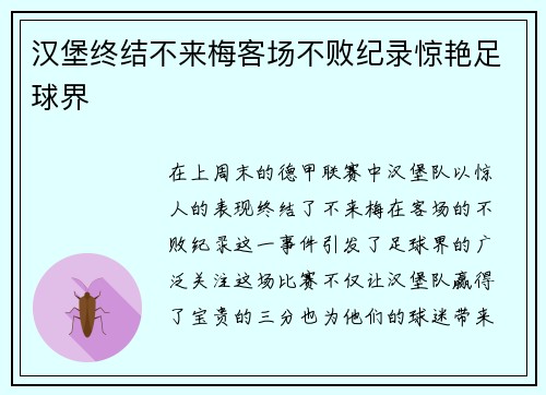 汉堡终结不来梅客场不败纪录惊艳足球界
